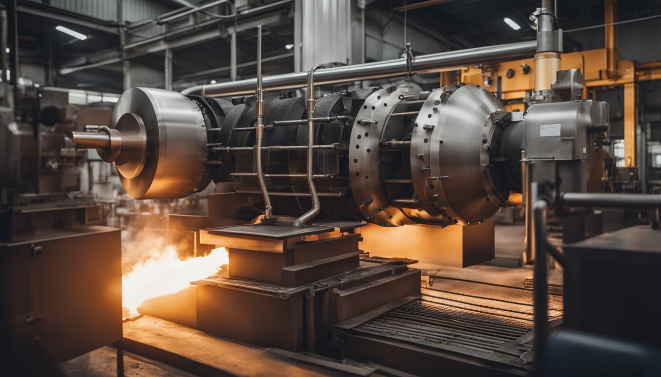 A gas-fired forging furnace with visible components and piping, emitting heat and flames