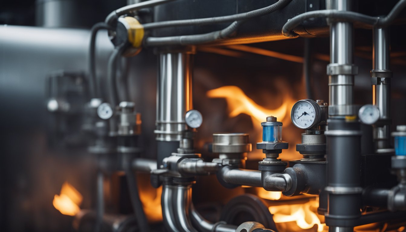 A coal gas furnace emitting heat and light, with pipes and valves connecting to a fuel source