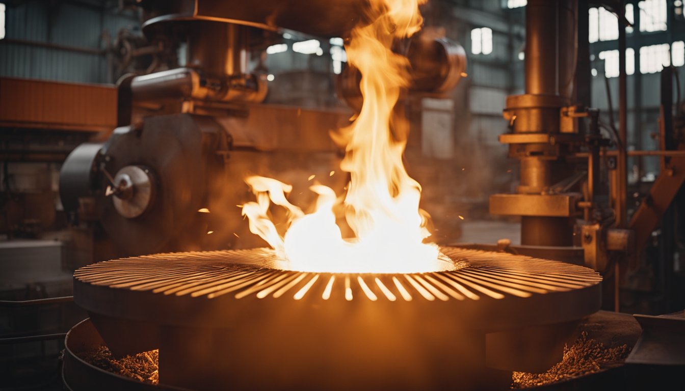 The gas-fired forging furnace roars to life, casting a warm orange glow across the workshop. Flames dance within the chamber as metal glows red-hot, ready for shaping