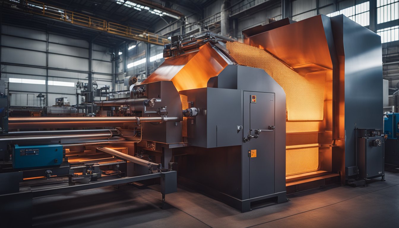 The annealing furnace glows red-hot as it heats metal components, with a conveyor belt carrying them through the process