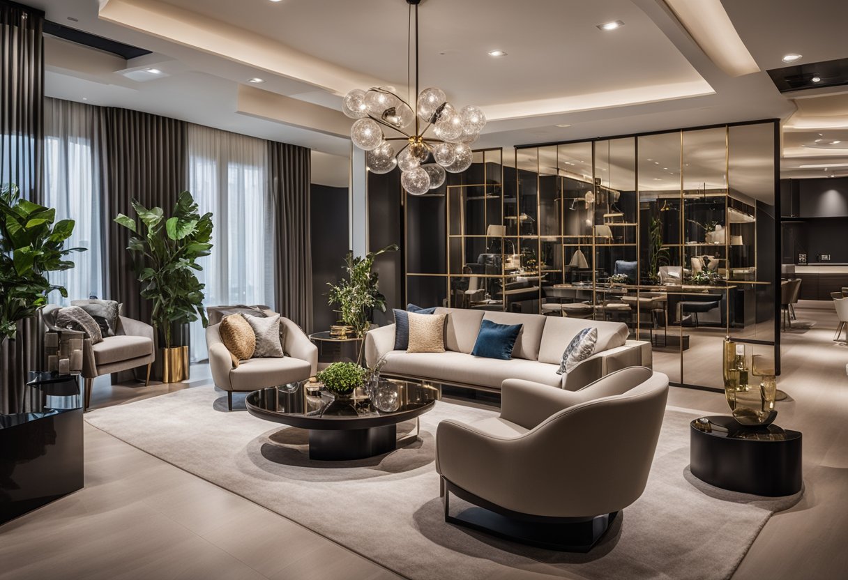 A showroom filled with modern and elegant furniture pieces arranged in stylish room settings, showcasing a wide range of designs and styles