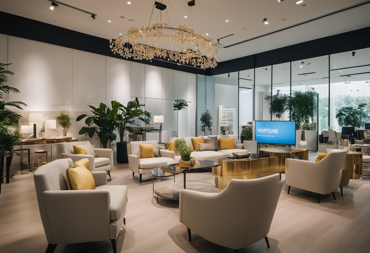 A bright and modern furniture showroom in Singapore, with sleek displays and stylish decor. A logo prominently displayed as "Star Furniture Stores."