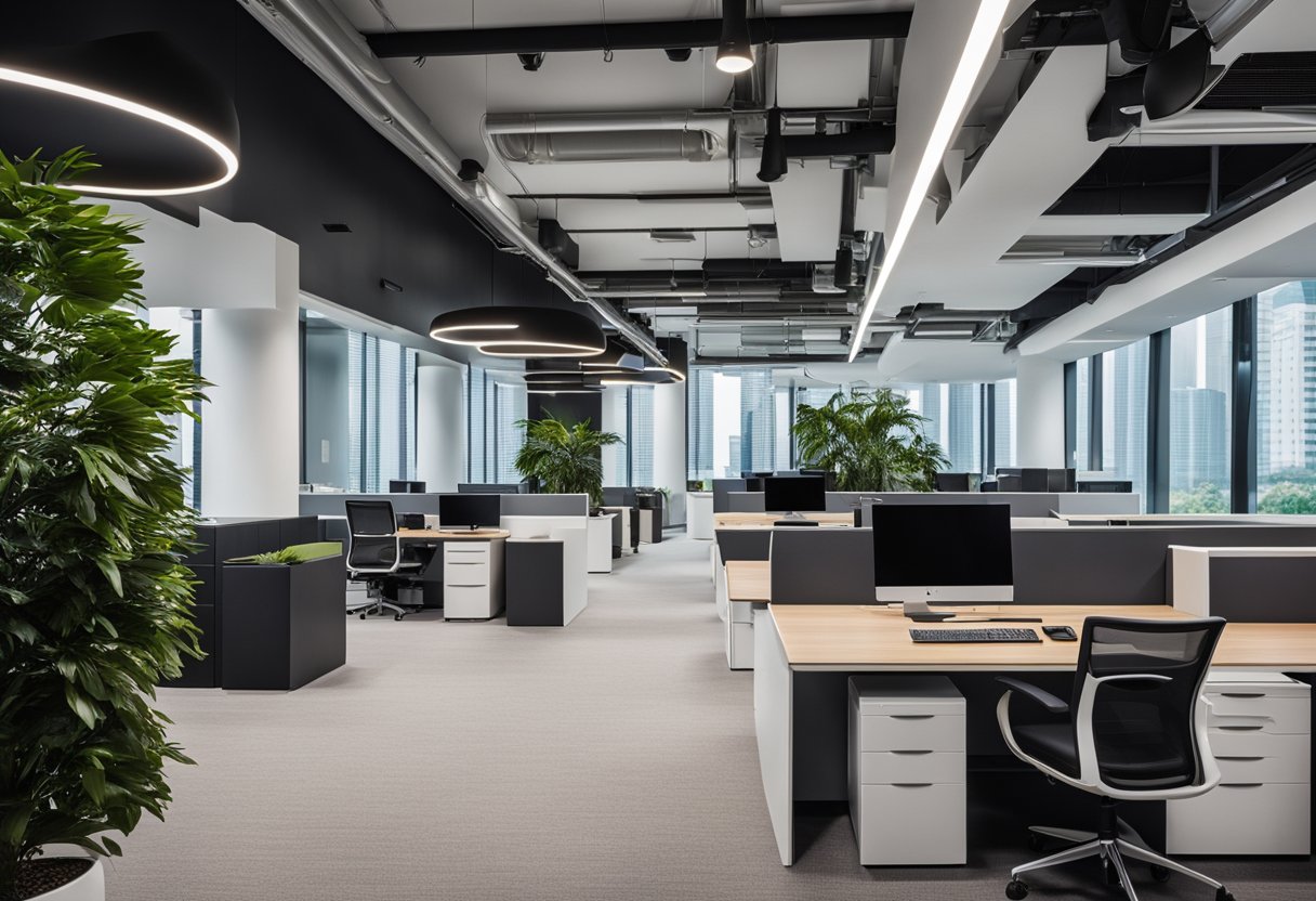 A modern office in Singapore with sleek system furniture arranged in an open layout, featuring clean lines and a minimalist design