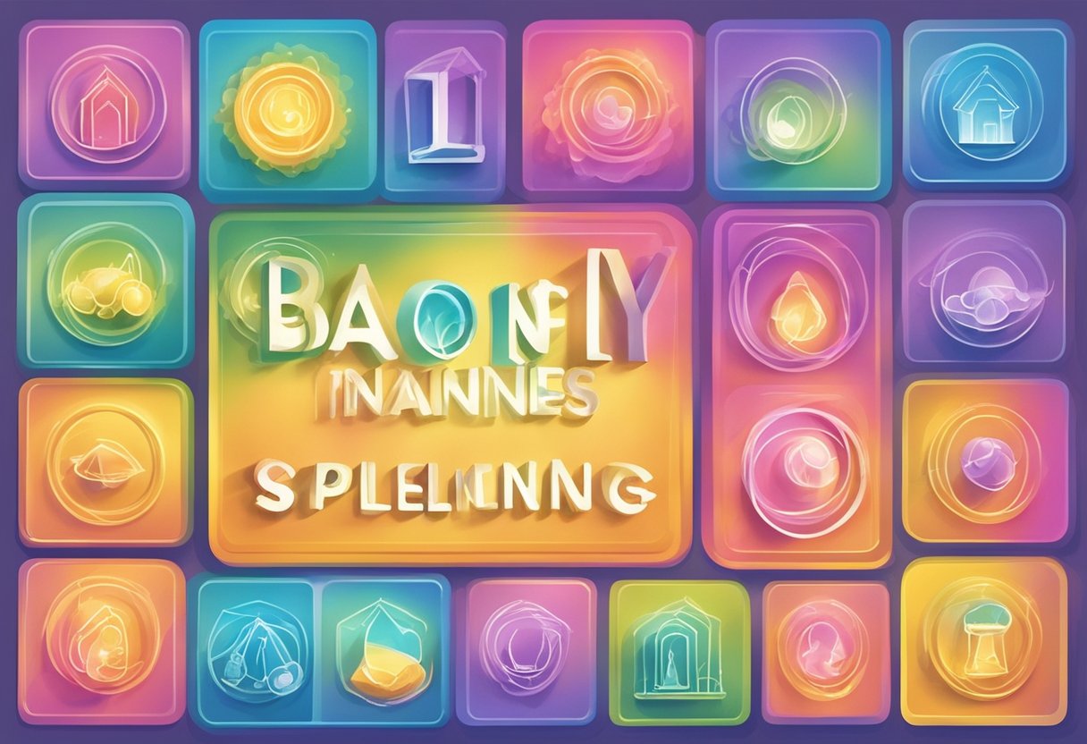 A collection of various baby name spellings arranged creatively on a colorful background