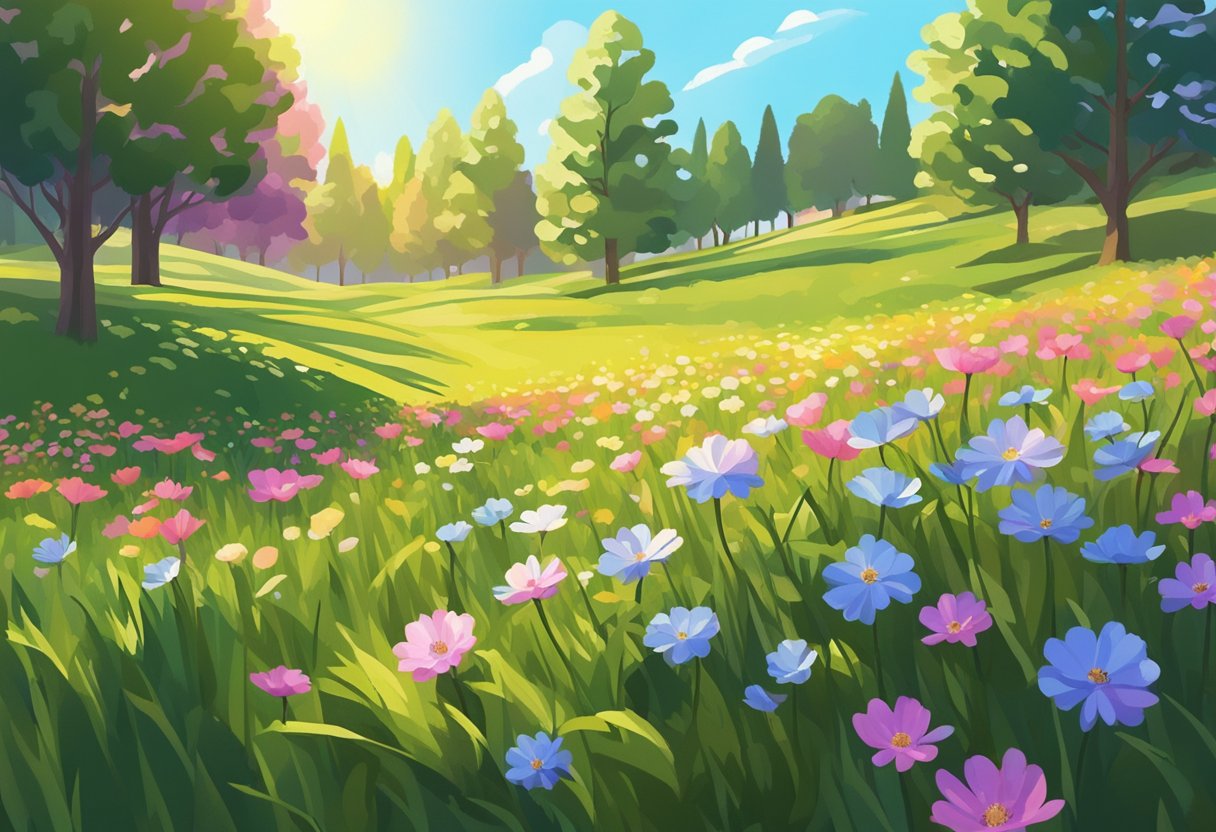 Colorful flowers blooming in a meadow, with a gentle breeze blowing through the grass. Sunlight filters through the trees, casting dappled shadows on the ground