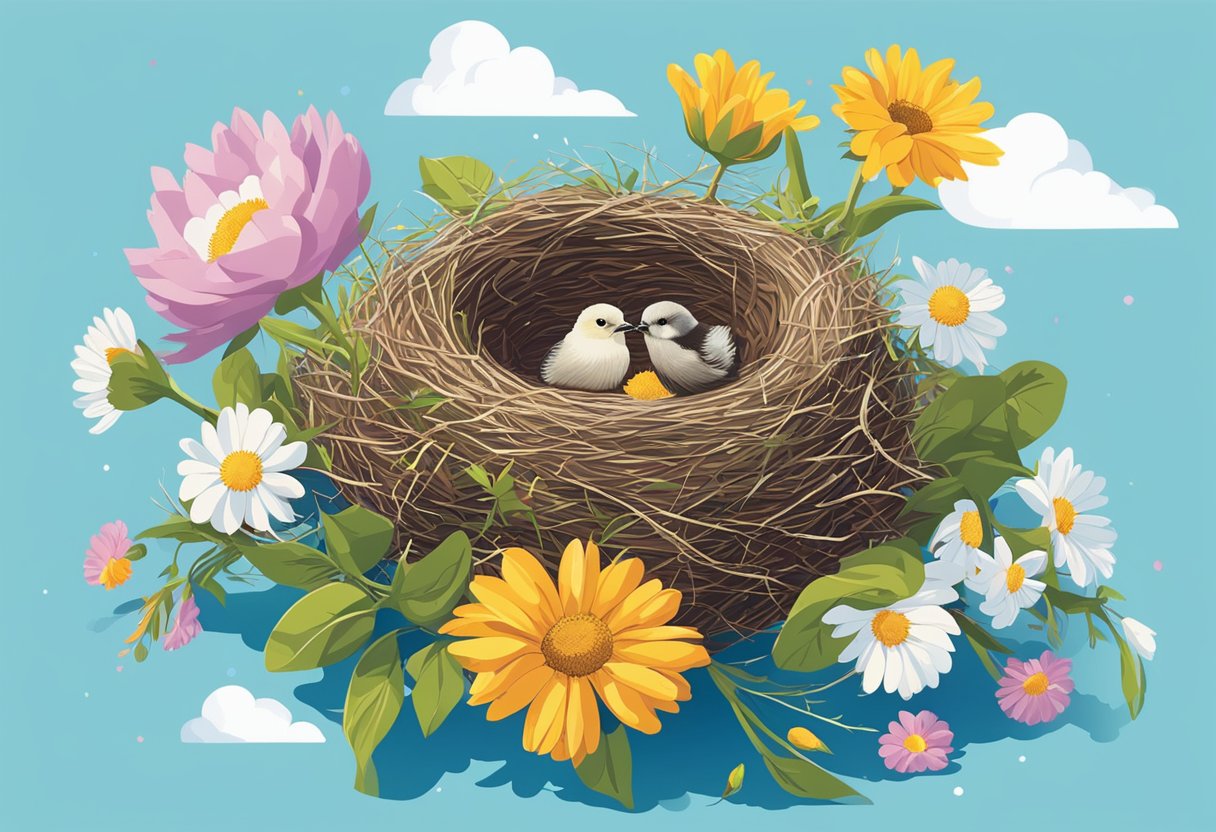 Colorful flowers blooming around a baby bird's nest with a bright blue sky and fluffy white clouds above