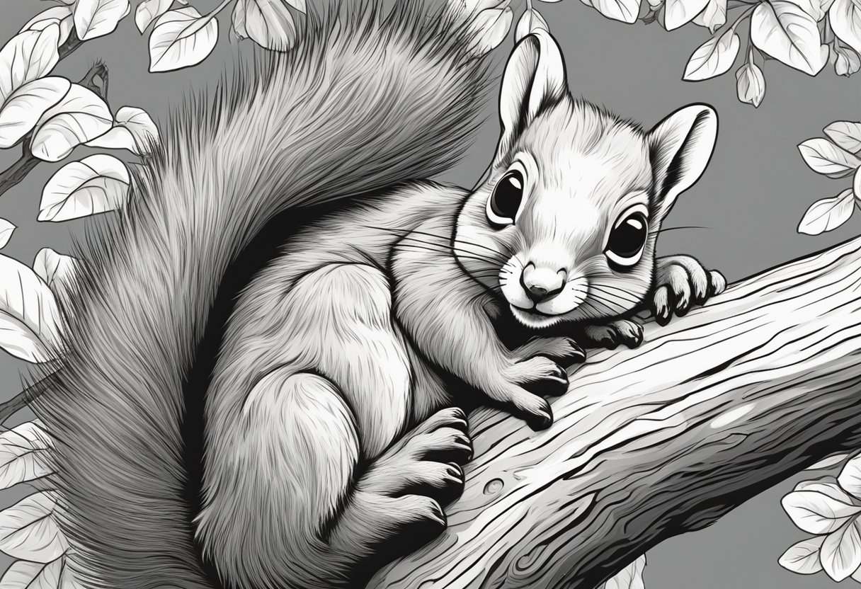A baby squirrel, named Nutmeg, clings to a tree branch, its fluffy tail curled around its small body. Bright eyes and tiny paws add to its adorable charm