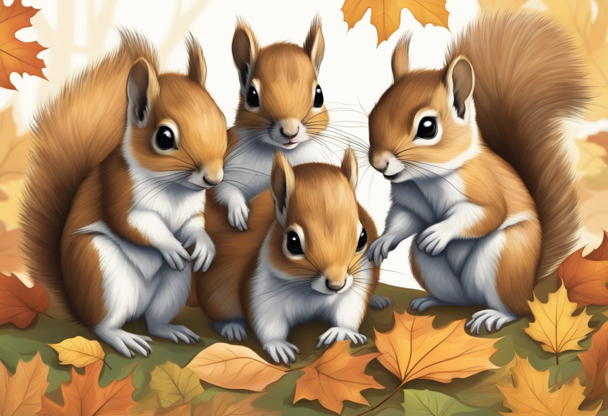 A group of playful baby squirrels frolic among the autumn leaves, their fluffy tails twitching with excitement