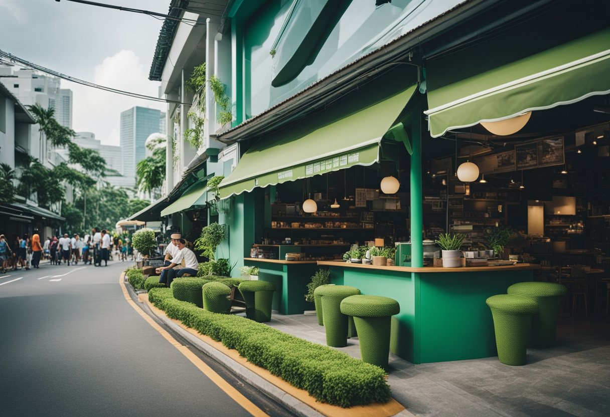 A bustling Singapore street with vibrant green furniture on display outside a shop. The furniture stands out against the urban backdrop