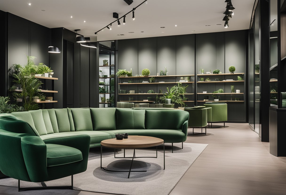 A modern, minimalist showroom with sleek, green furniture arranged in an inviting and organized display