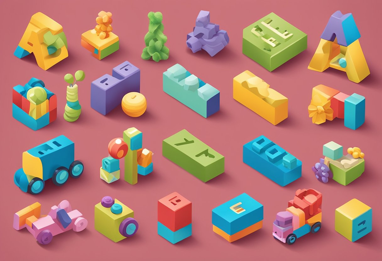 A collection of colorful alphabet blocks arranged to spell out "E" names, surrounded by toys and baby accessories