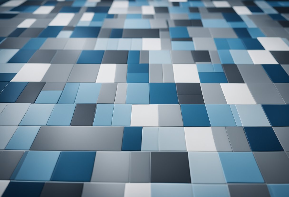 The office floor is covered in a geometric patterned carpet in shades of blue and grey, creating a professional and modern atmosphere