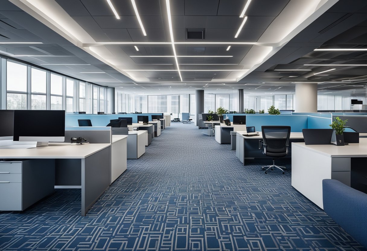 A modern office space with sleek, geometric carpet patterns in shades of blue and gray. The design is clean and professional, with a sense of sophistication and functionality
