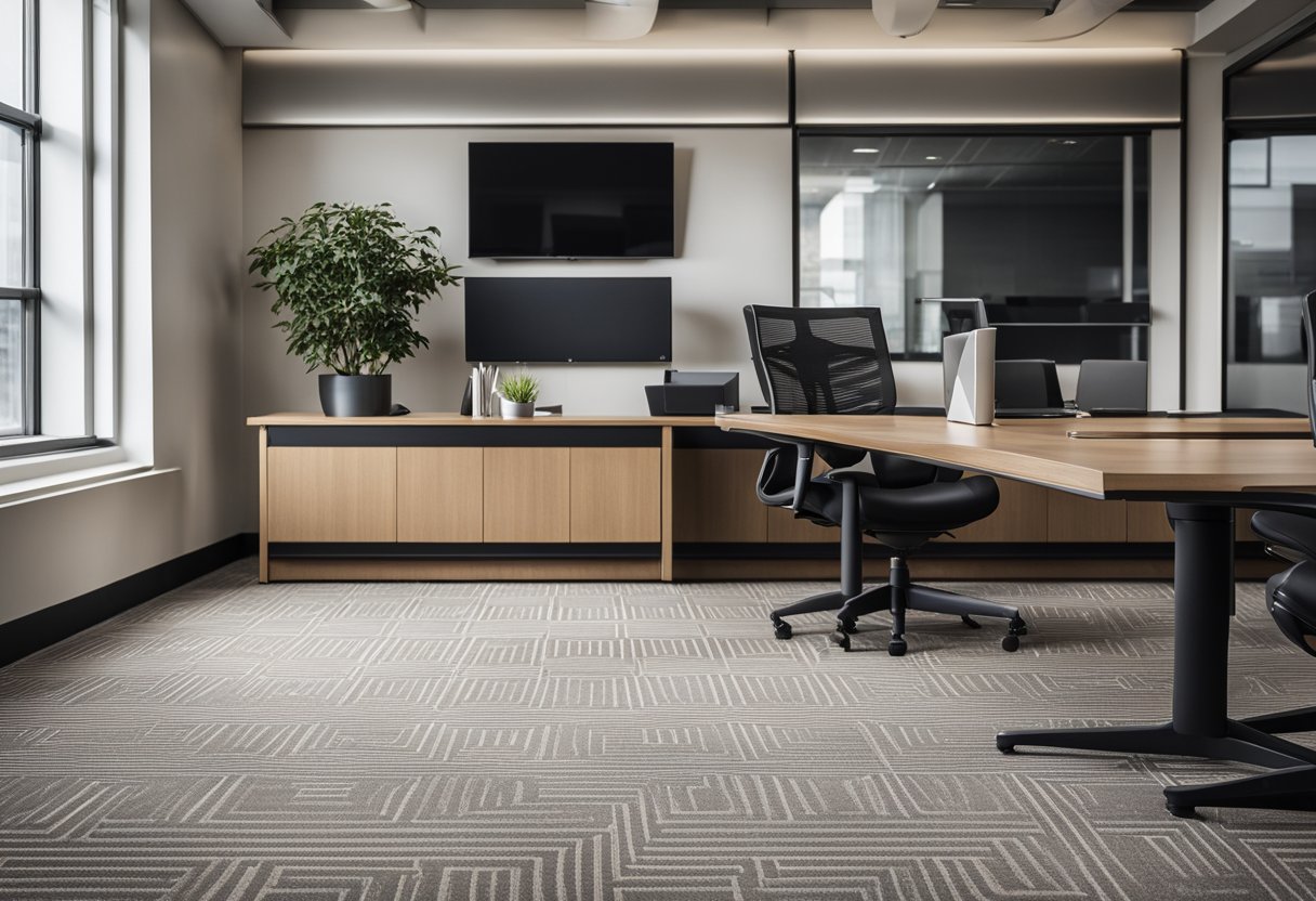 A modern office space with sleek, neutral-colored carpet flooring, featuring geometric patterns and clean lines for a professional and practical look