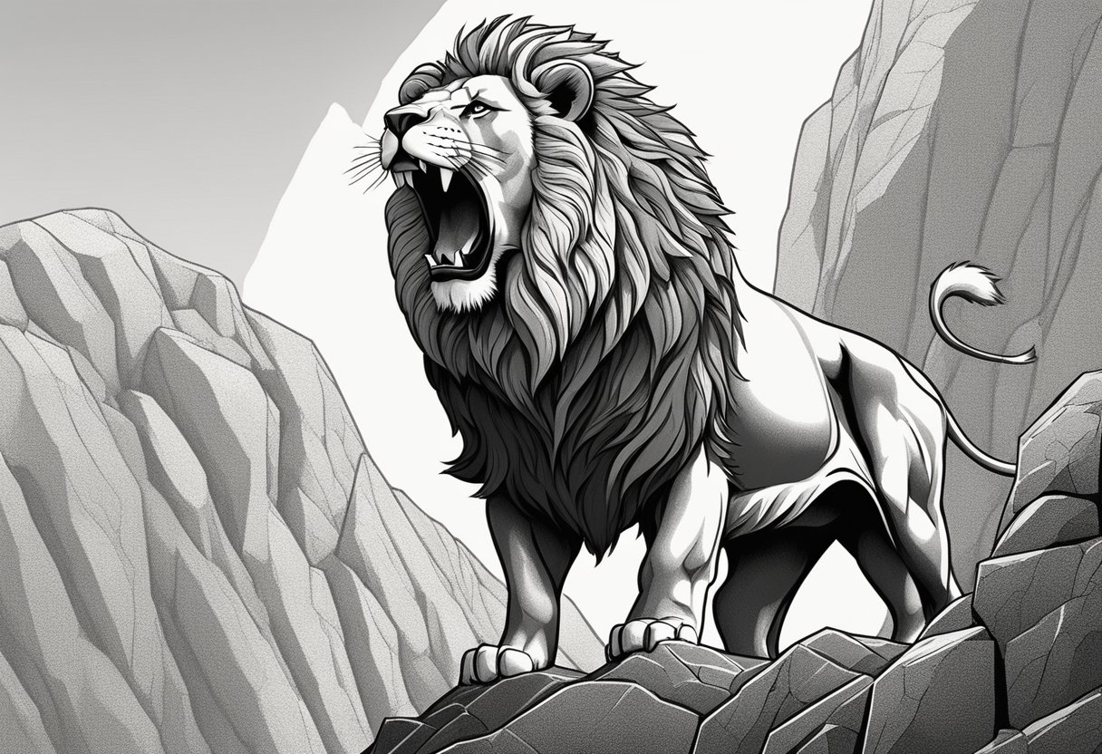 A lion with a powerful roar standing proudly on a rocky cliff, symbolizing strength and resilience
