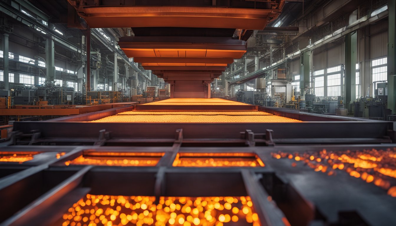 A pusher slab furnace with glowing red-hot slabs moving along conveyor rollers towards the cooling area