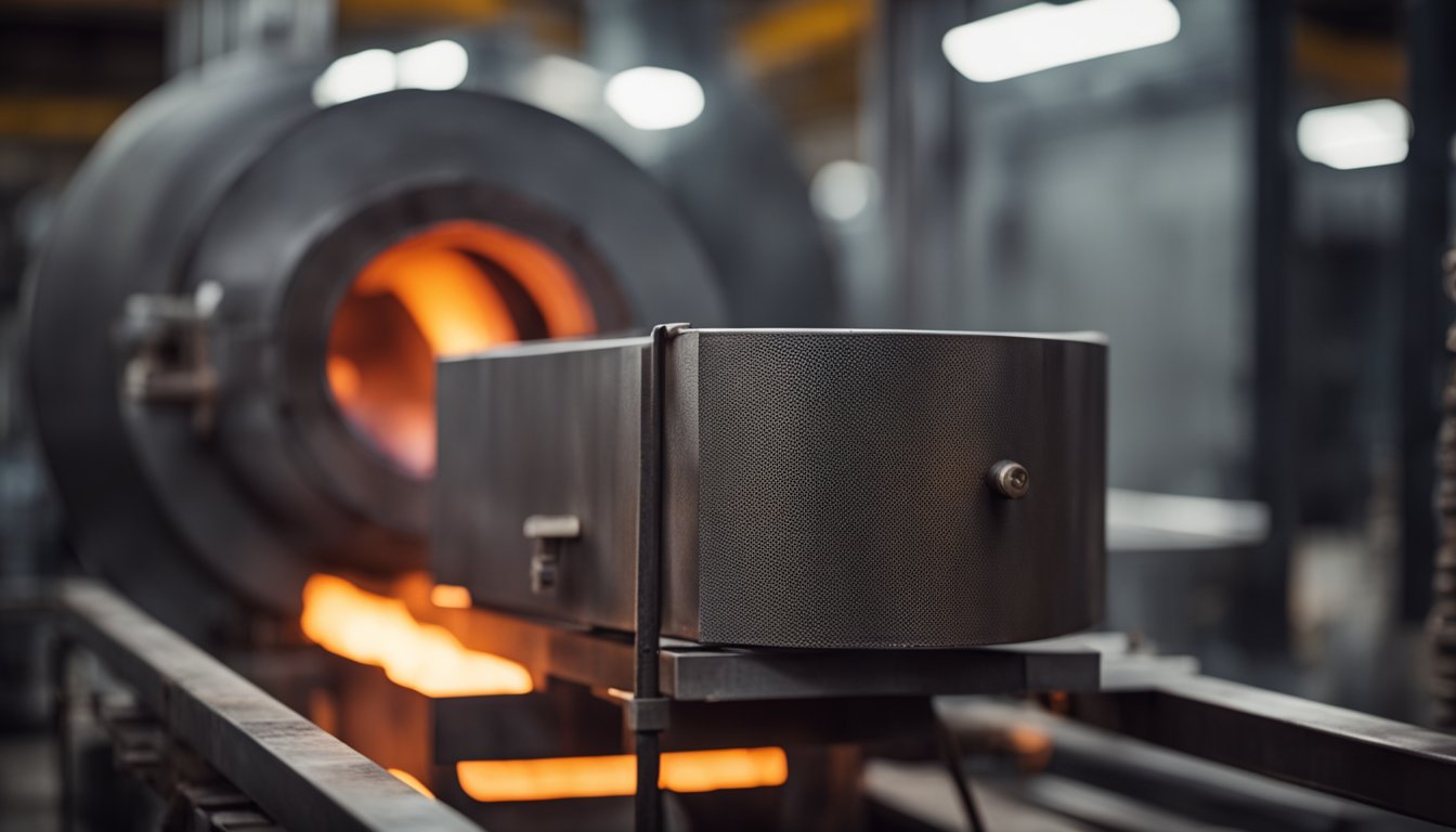 A metal heat treating furnace glows red-hot, with flames licking the surface. The intense heat radiates from the furnace, creating a dramatic and industrial atmosphere