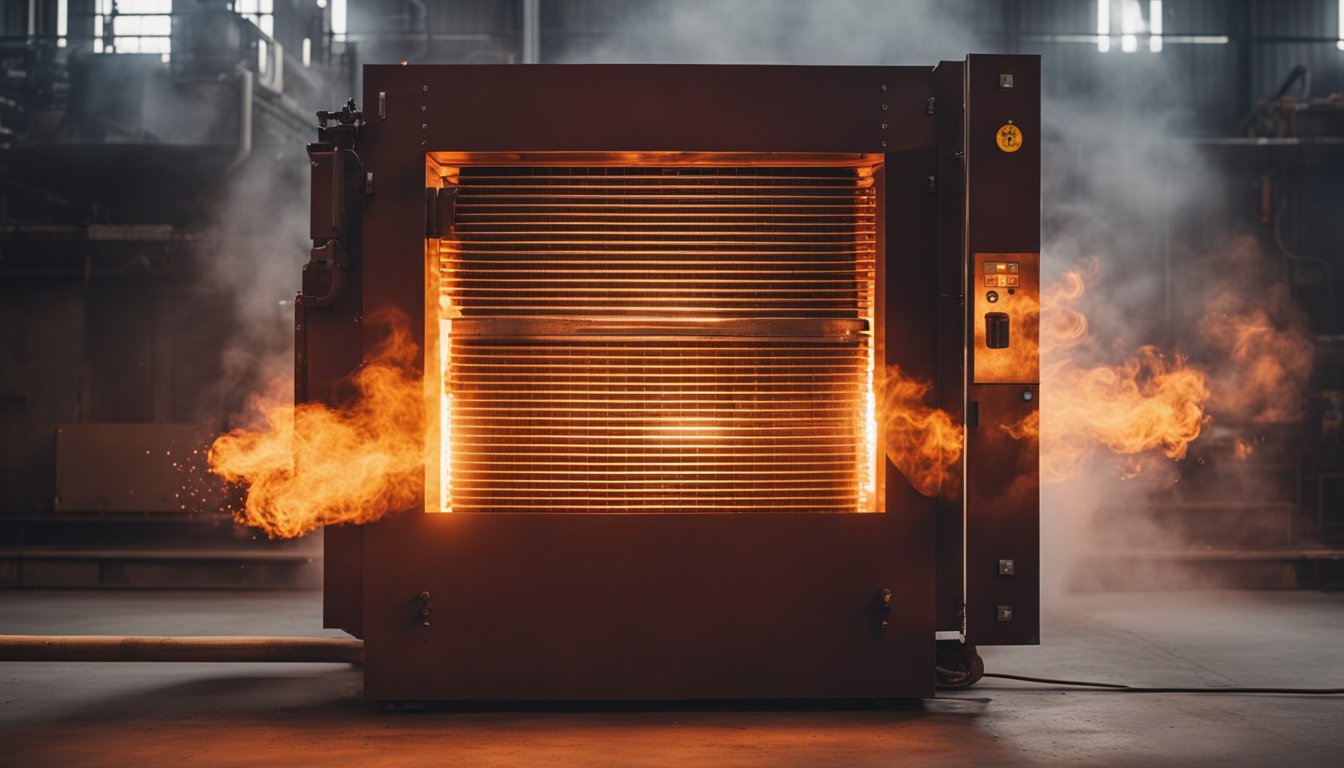 A metal heat treating furnace glows red-hot, with flames dancing inside and heat radiating from the open door. Tools and equipment line the walls, and the air is thick with the smell of heated metal