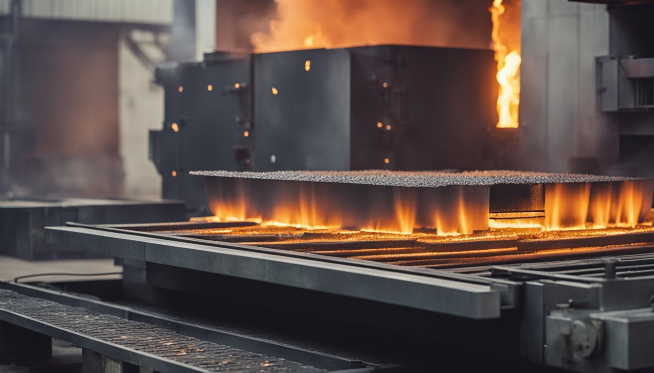 A pusher slab furnace with multiple layers of slabs being pushed through the furnace, with flames and heat emanating from the furnace walls