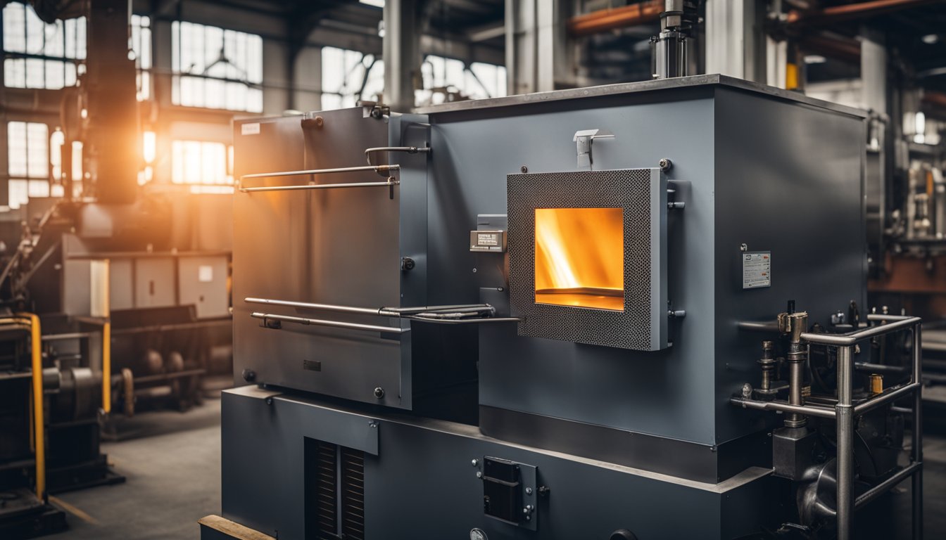 A metal heat treating furnace with various types and designs, including electric, gas, and induction heating methods, glowing hot and surrounded by industrial machinery