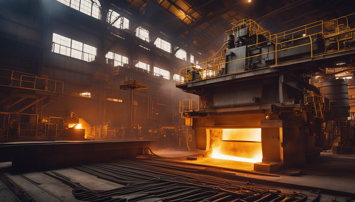 A pusher slab furnace operates in a steel mill, surrounded by industrial machinery and workers in protective gear. The furnace glows with intense heat as it processes metal slabs