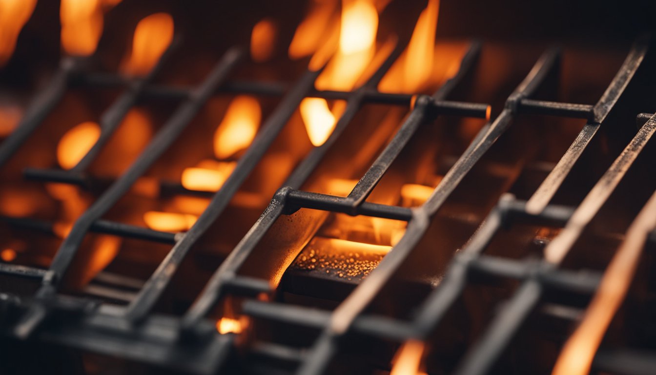 Metal pieces inside a red-hot heat treating furnace. Flames engulfing the metal, while the intense heat transforms its properties