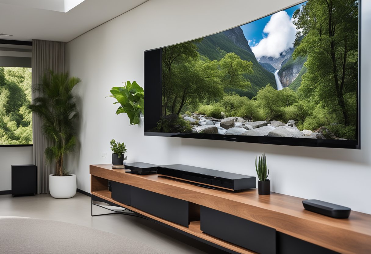 A sleek, modern TV console sits against a white wall, with a large flat-screen TV mounted above. The console features clean lines and ample storage space, while the room is bathed in natural light from a nearby window
