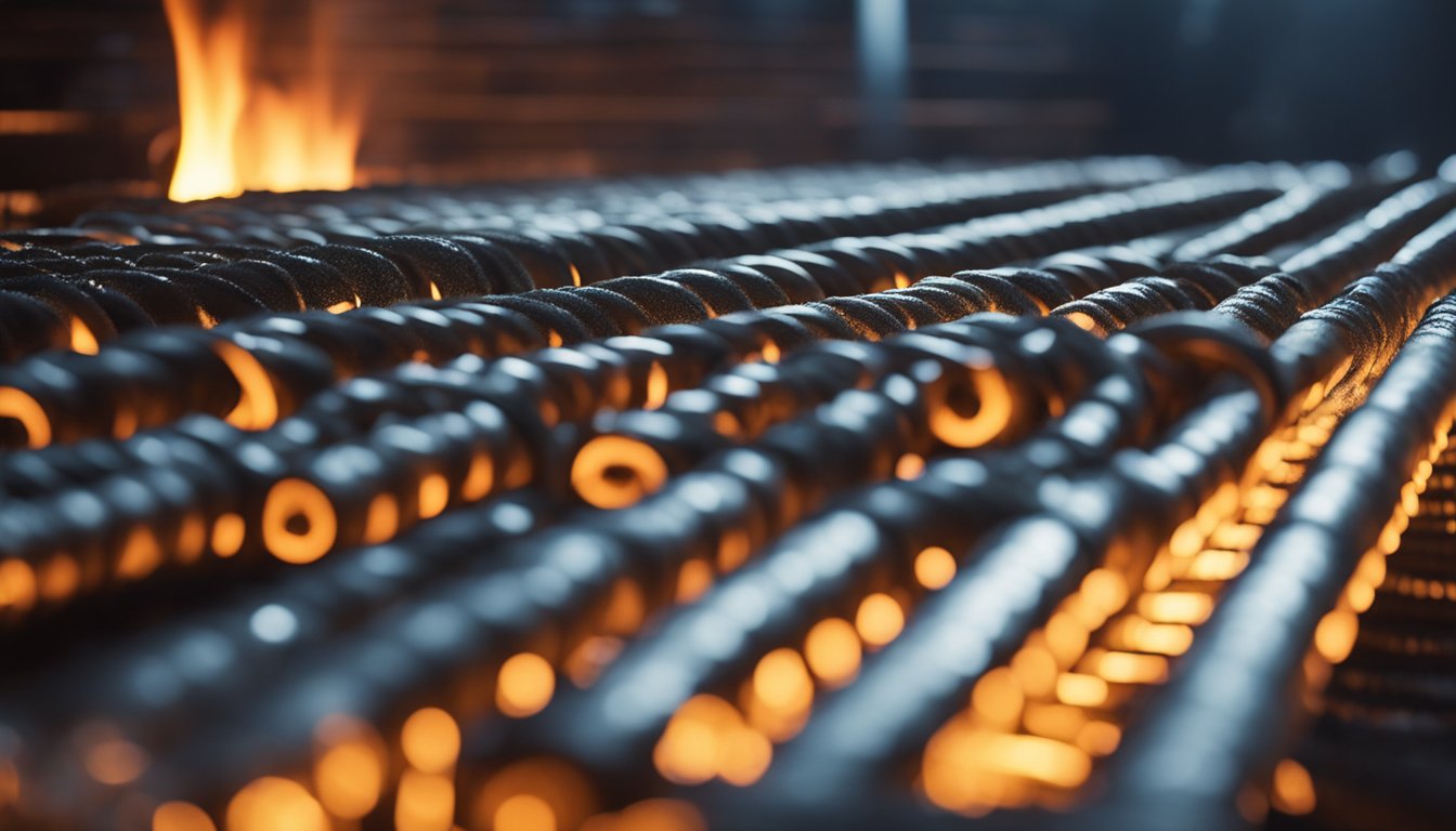 Rebar rolls into a glowing heating furnace