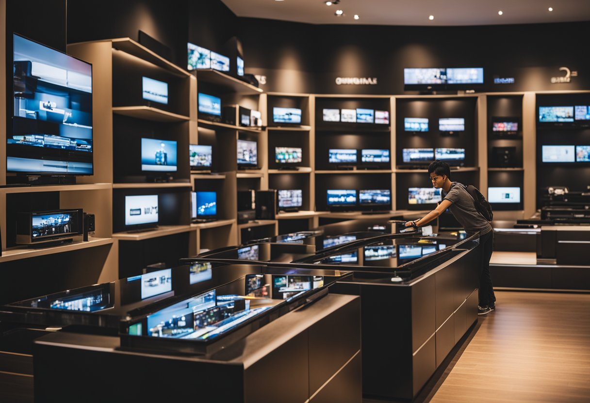 A person browsing through a variety of TV consoles in a Singapore furniture store