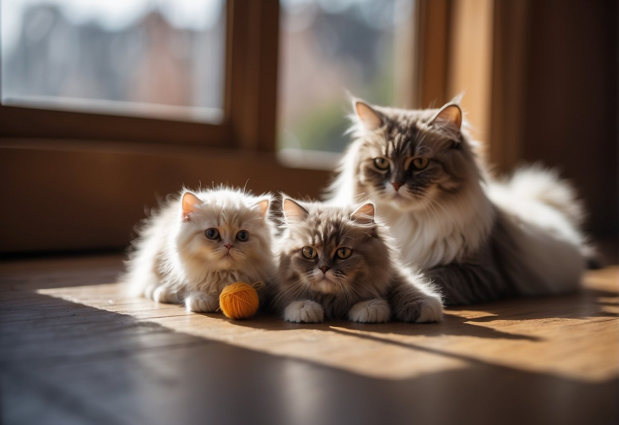 A fluffy Persian cat plays with a ball of yarn, while a sleek Siamese cat lounges in a sunny window, and a playful Scottish Fold kitten pounces on a toy mouse