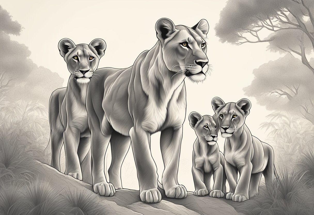 A lioness standing proudly with her cubs, symbolizing strength and protection