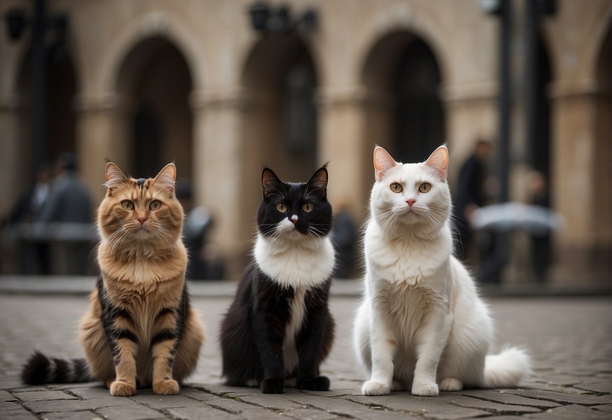 Various cat breeds depicted in historical settings, showing their origins and evolution
