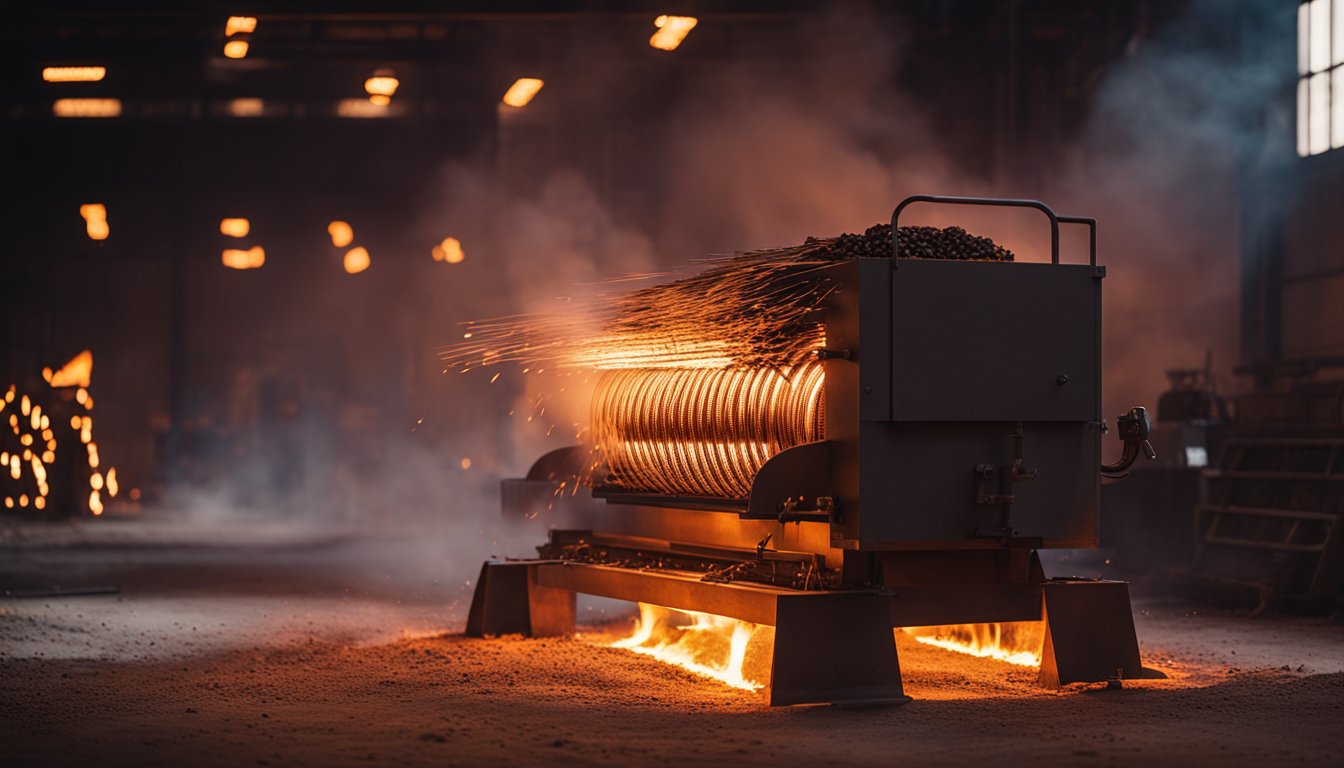 The rebar rolling heating furnace glows red as it heats the metal, with flames and sparks emanating from the furnace