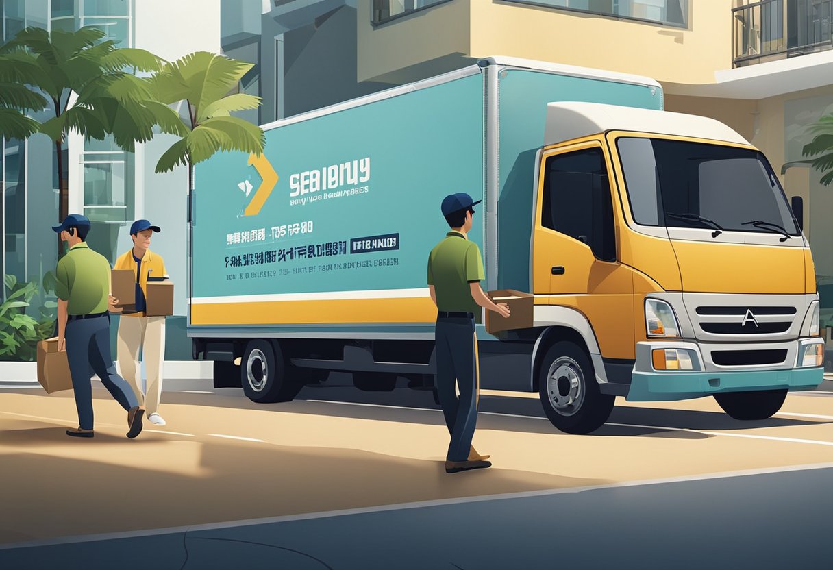 A delivery truck unloads a sleek TV console at a customer's doorstep in Singapore. The customer signs for the package as the delivery person assists with bringing it inside