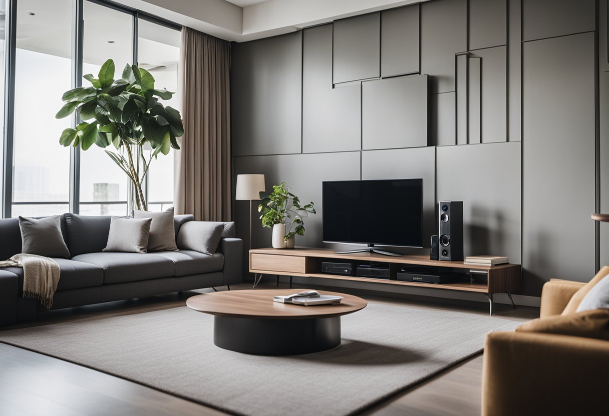 A sleek, modern TV console in a well-lit living room with clean lines and minimalist design, showcasing a collection of frequently asked questions about furniture in Singapore