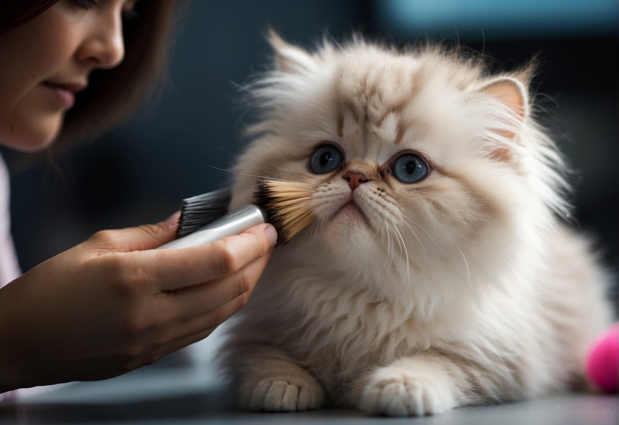 A fluffy Persian kitten being groomed with a brush and pampered with a toy