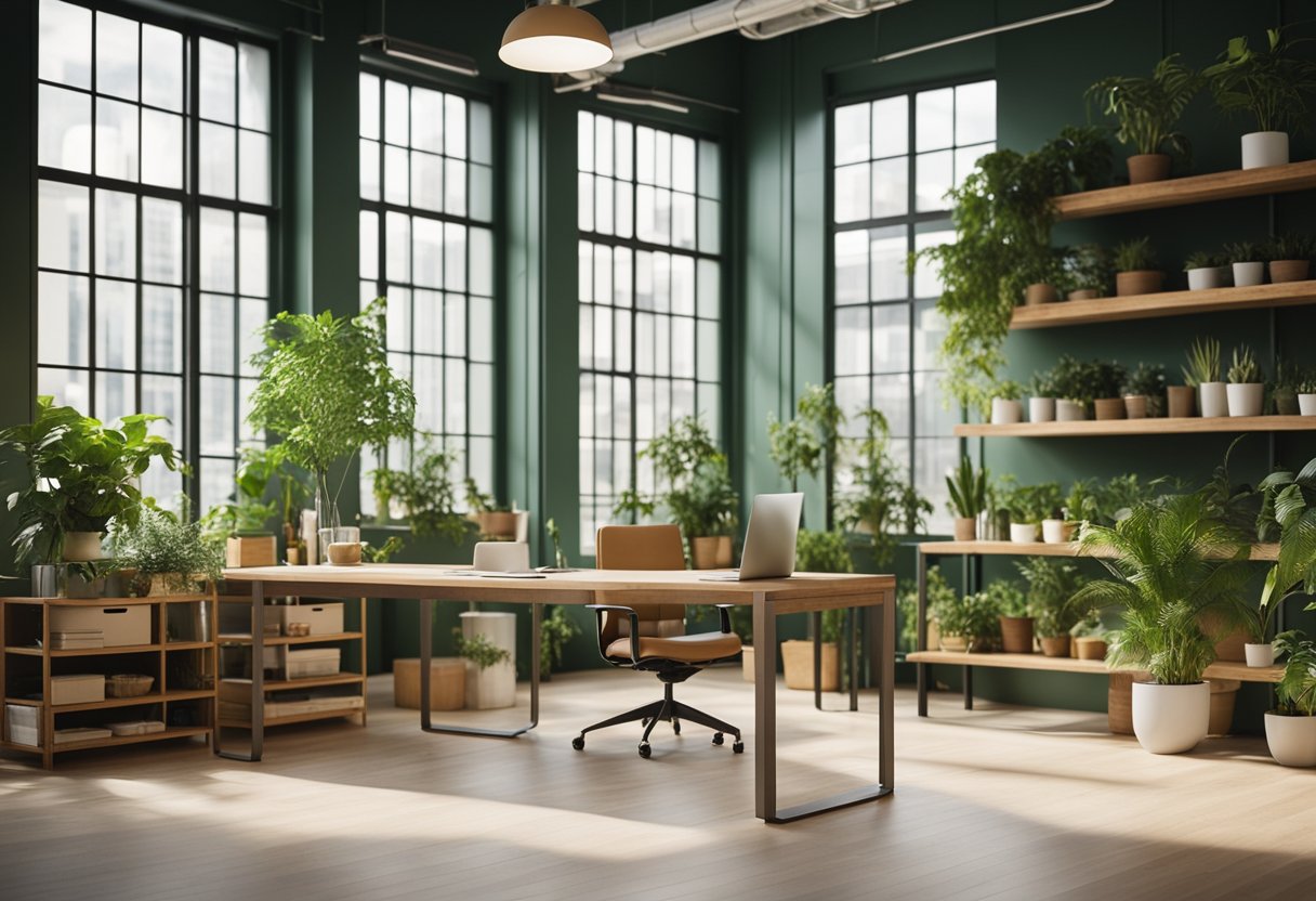 The green office space features plant-filled shelves, natural wood furniture, and large windows allowing plenty of natural light