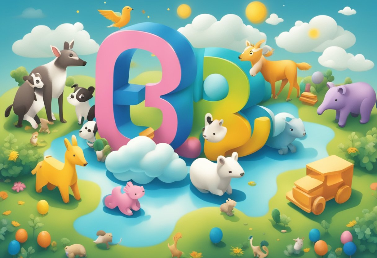 Colorful letters "B" float in a cloud-filled sky, surrounded by baby animals and toys