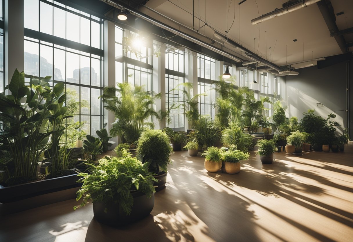 Sunlight streams through large windows, illuminating lush plants and modern furniture. Recycled materials and energy-saving fixtures complete the eco-friendly design