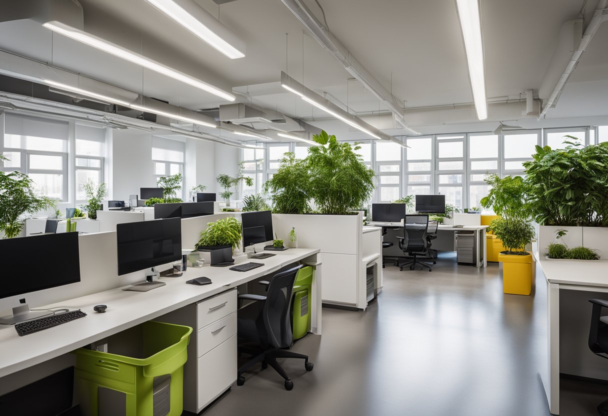 A bright, open office space with large windows, indoor plants, and eco-friendly furniture. Recycling bins and composting stations are easily accessible. LED lighting and energy-efficient appliances are used throughout