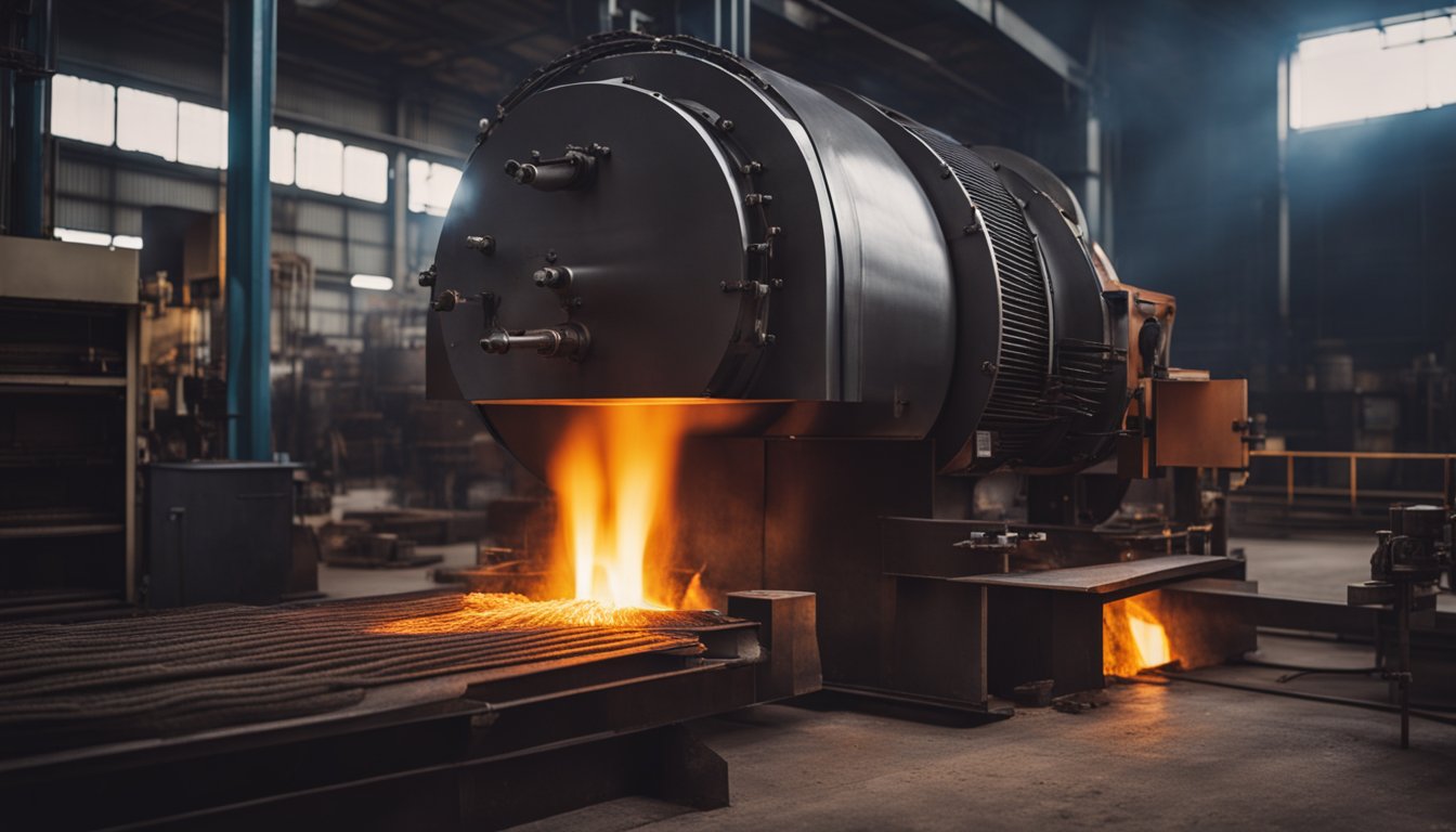 A regenerative forging furnace glows red-hot, with flames licking the metal inside as it undergoes intense heat and pressure