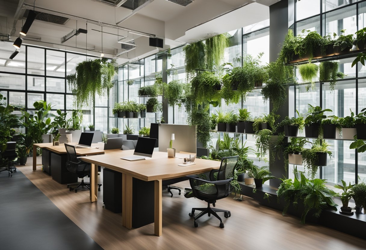 A modern, eco-friendly office space with green plants, natural light, and sustainable materials
