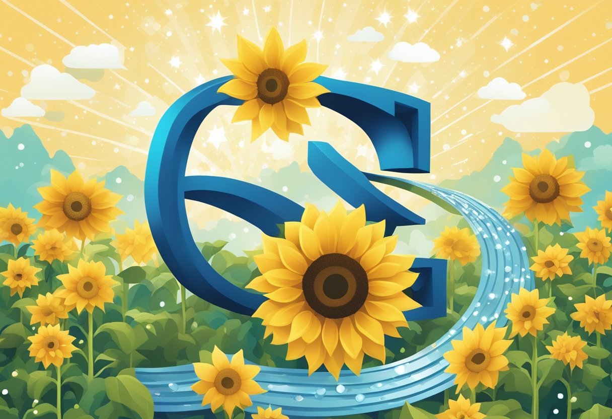 A smiling sunflower surrounded by sparkling stars and a shimmering stream, with the letter "S" floating in the air