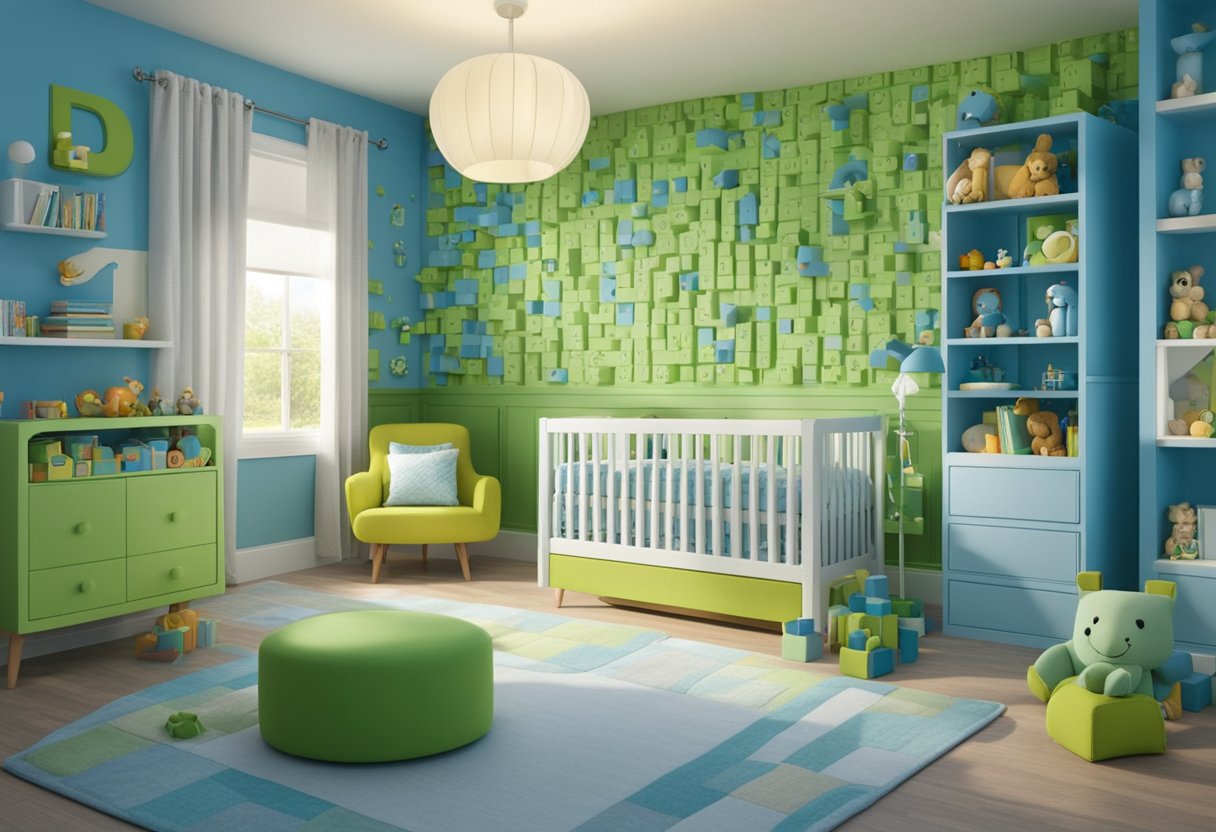 A nursery with a wall covered in alphabet blocks, with the letter "D" prominently displayed. Blue and green colors dominate the room, with toys and books scattered around
