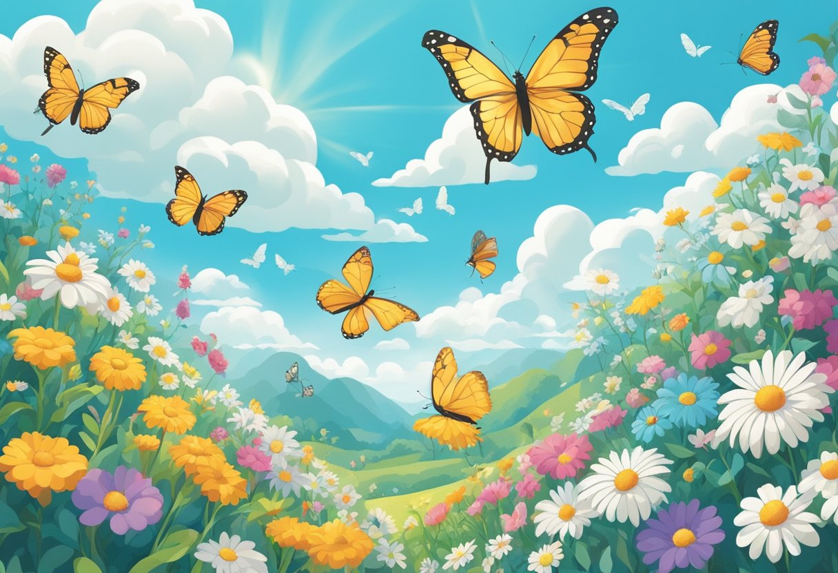 A sunny day with a baby blue sky and fluffy white clouds, surrounded by colorful flowers and playful butterflies