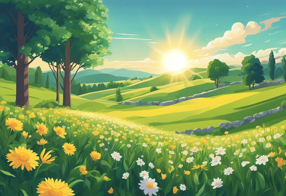 A bright sun shining down on a peaceful meadow, with colorful flowers blooming and a gentle breeze swaying the grass