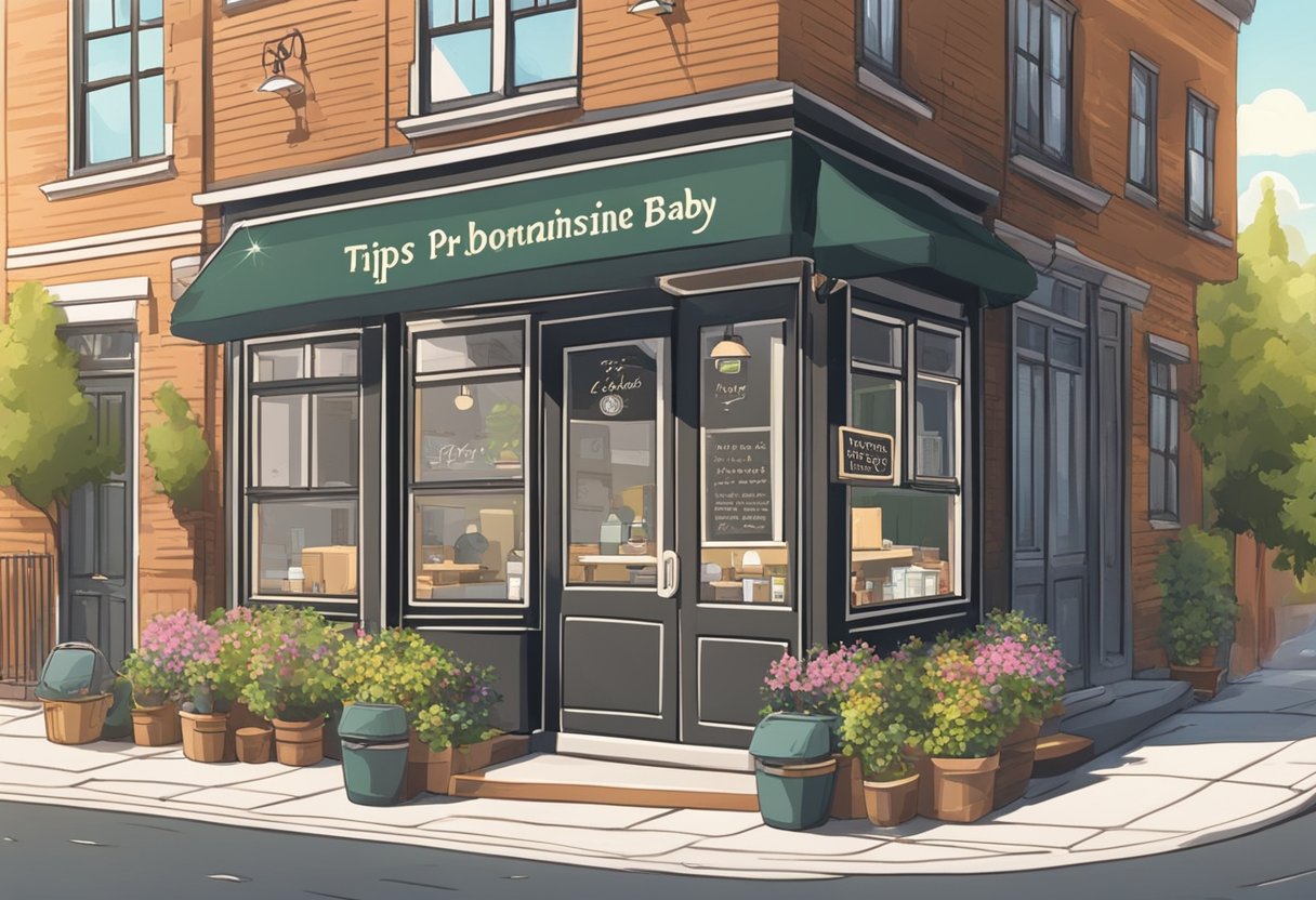 A cozy coffee shop with a chalkboard sign reading "Tips For Brainstorming The Perfect Baby Name" on a sunny Sunday morning