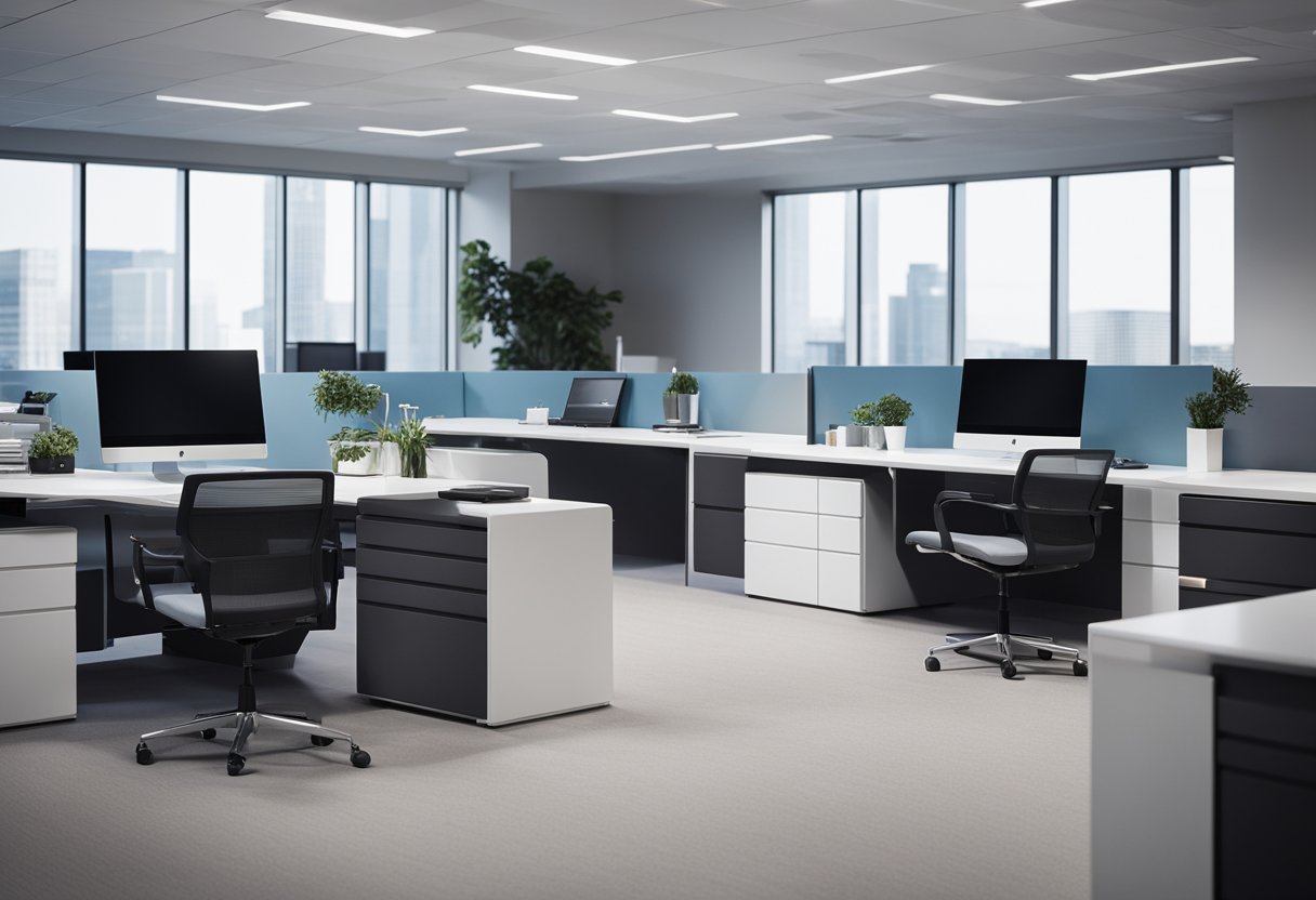 A sleek, modern office space with cutting-edge technology integrated seamlessly into the design. Clean lines, minimalist furniture, and high-tech equipment create a futuristic and efficient work environment
