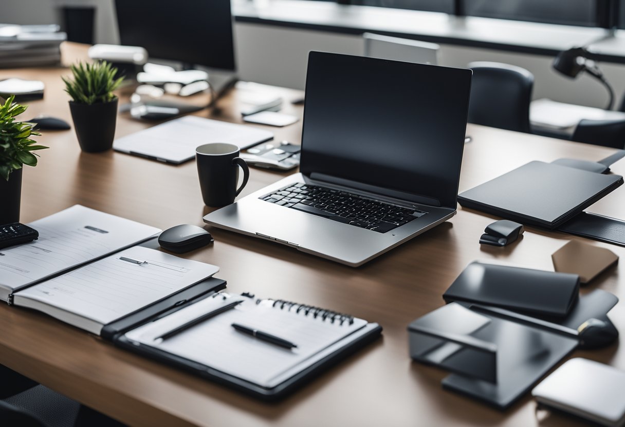 A long office table with modern, sleek design, lined with computers, papers, and office supplies