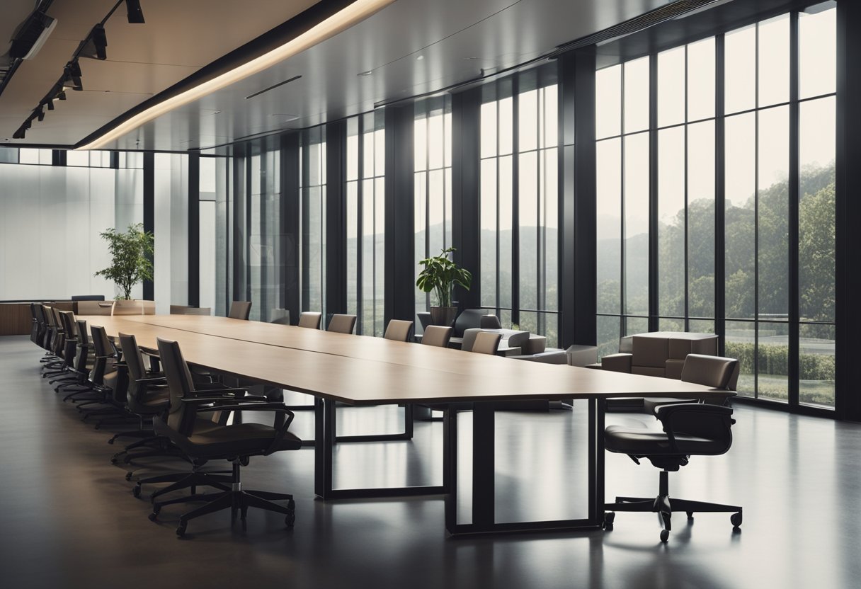 A long office table with clean lines, minimalistic design, and symmetrical layout, illuminated by natural light from large windows